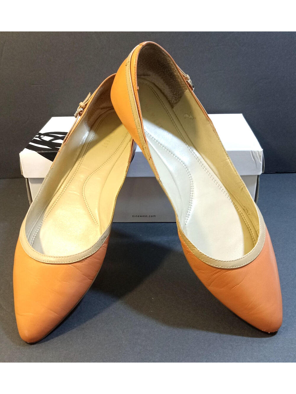 Nine West Superfly Flat Loafer Shoes Womens 12M Orange Beige Slip On Side Buckle